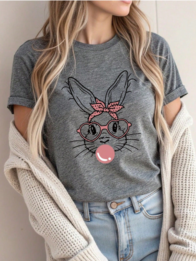 Happy Easter Rabbit Printed Women's Round Neck Short Sleeve T-shirt