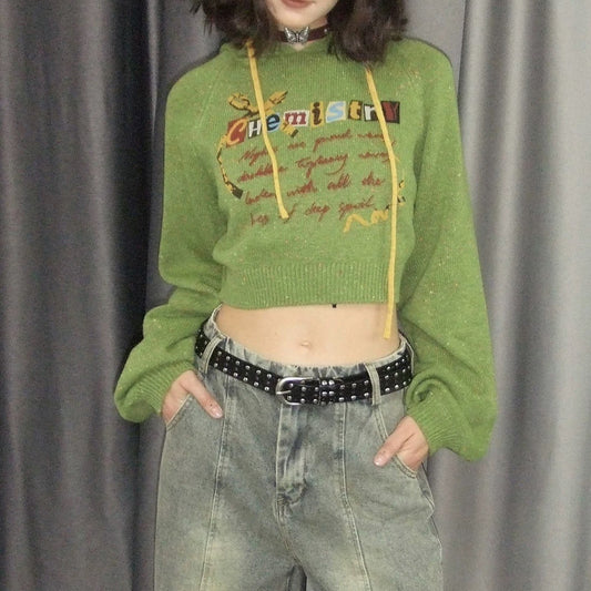 Retro Hooded Short Raglan Sleeve Coat Age-reducing Hand-painted Printed Sweater