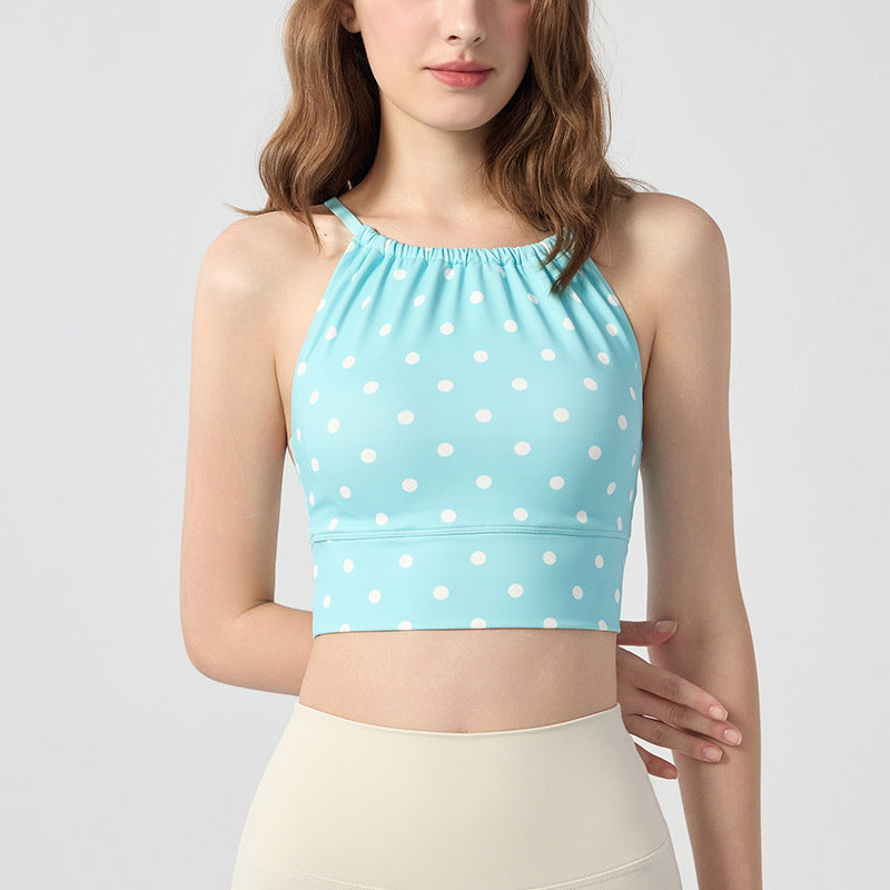 Womens Polka-Dot Plaid Printed Halterneck Tank Top With Cross-Over Design