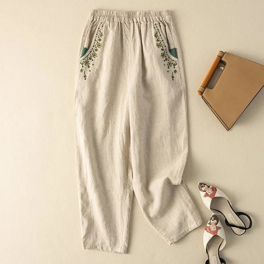 Cotton And Linen Embroidery Baggy Pants Pocket Loose All-matching