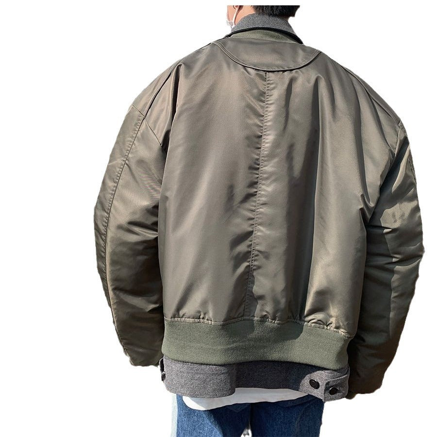Winter High-grade Denim Stitching Fake Two-piece Pilot Jacket