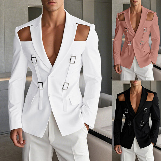 Hollow Metal Button Performance Suit Solid Color Slim Fit Suit Jacket
