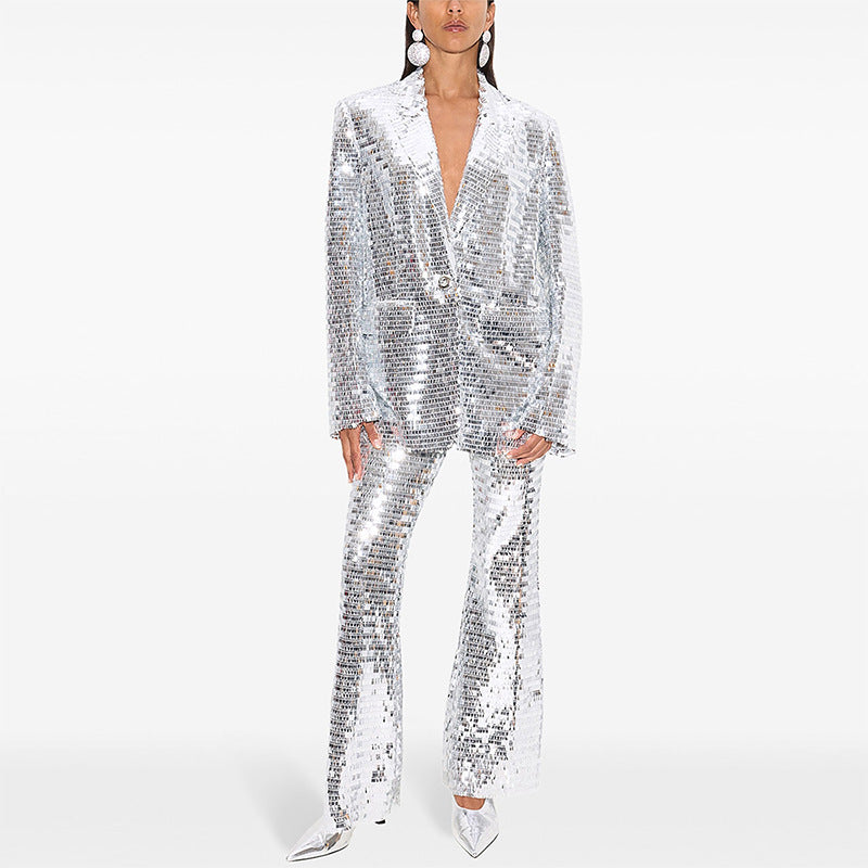 Fashionable One-Button Mesh Sequin Blazer And Pants Suit
