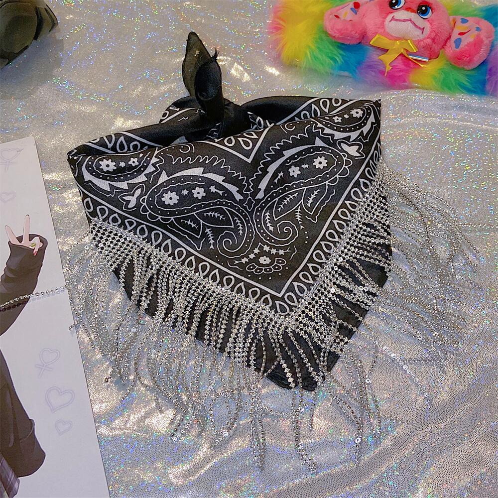 Rhinestone Chain Cashew Flower Hip Hop Square Scarf