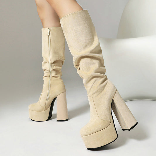 Womens Stretch Suede Waterproof Thick-soled High Heels