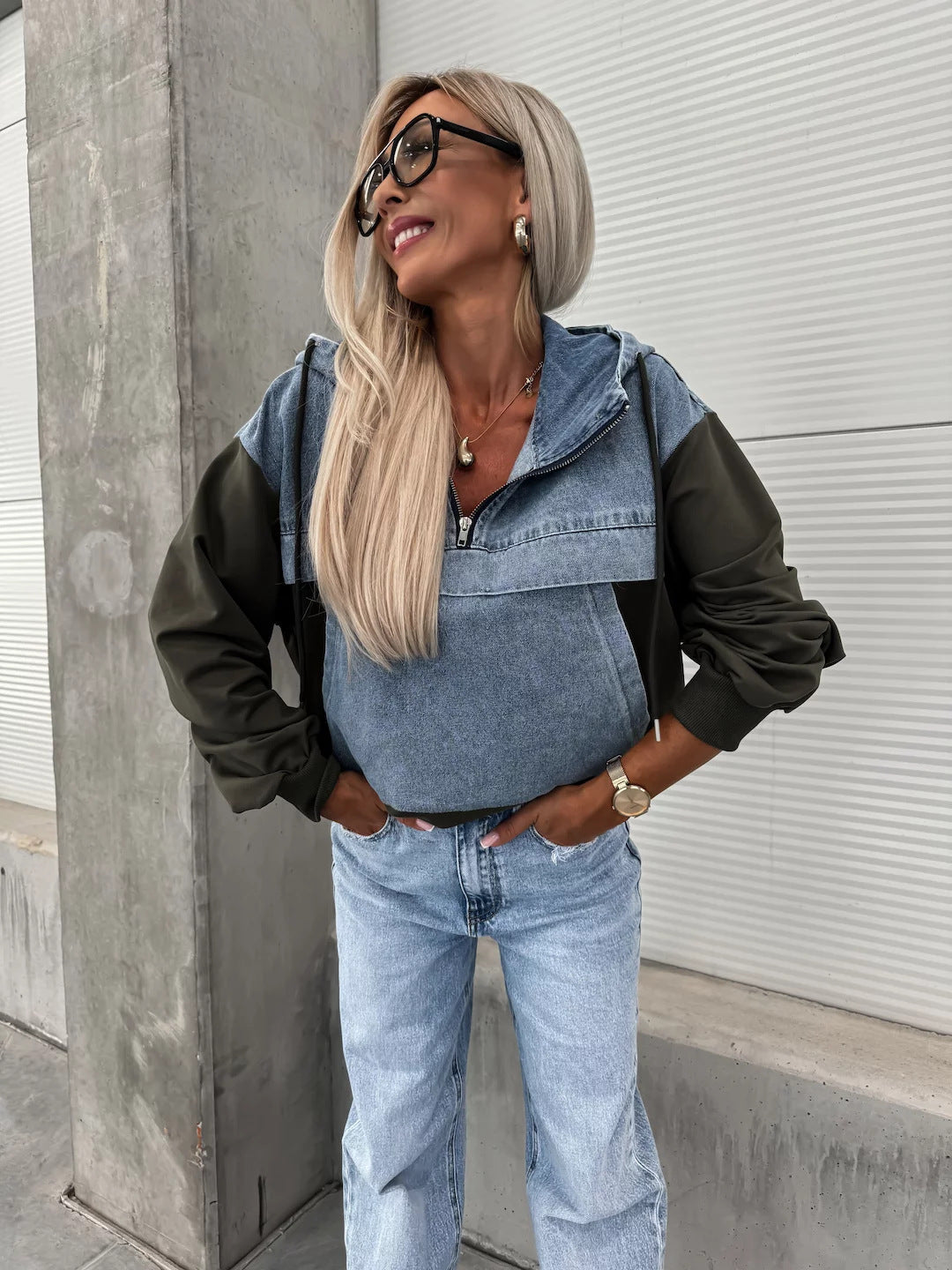 Mode løs afslappet vasket denim syning hætteklædt damesweater