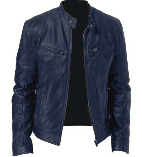 Men's Zip-up Cardigan PU Leather Jacket Fashion Pockets Stand Collar Short Tops Clothing