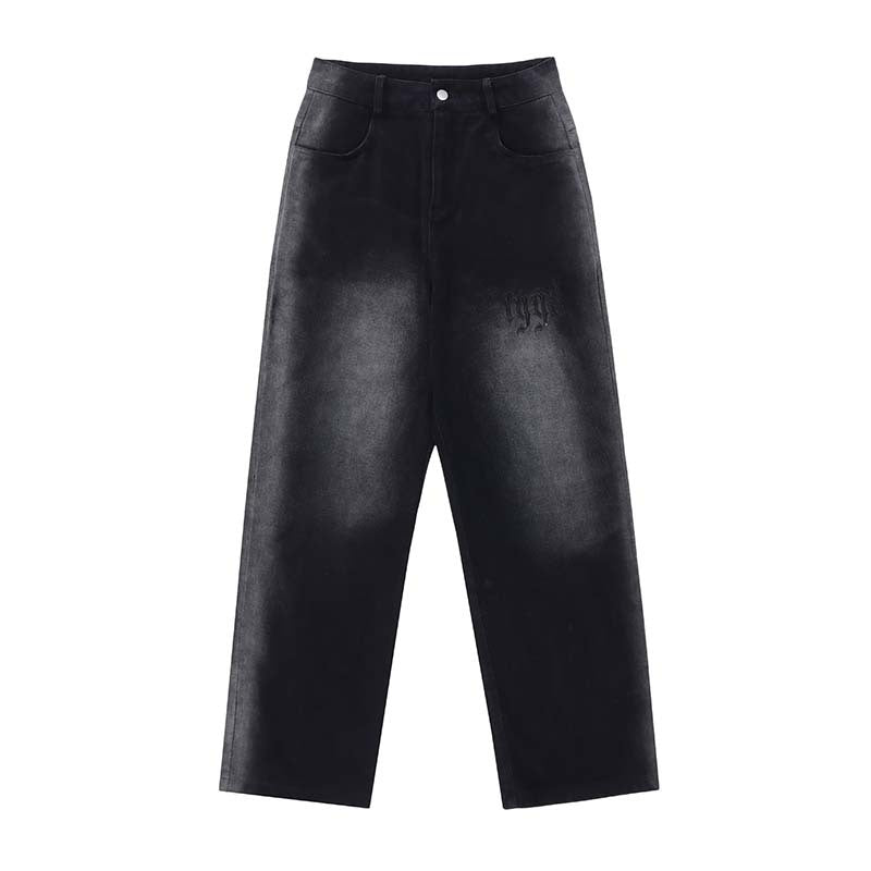 High Street Gradient Frayed White Letter Embroidered Jeans Men's Style