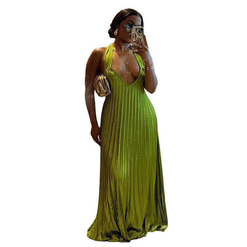 Sweet And Fresh Halter V-neck Backless Pleated Dress