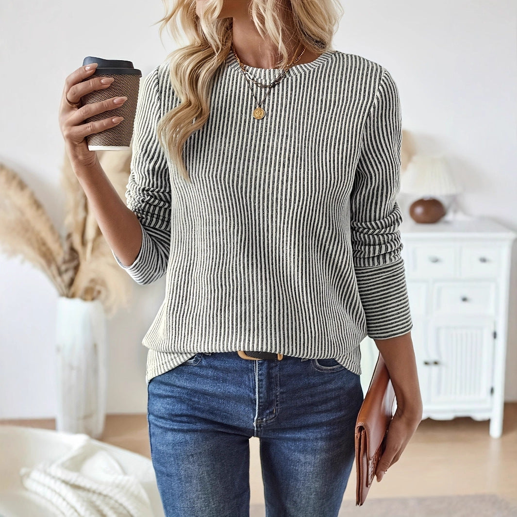 Women's Autumn Casual Striped Round Neck Long Sleeved Loose T-shirt