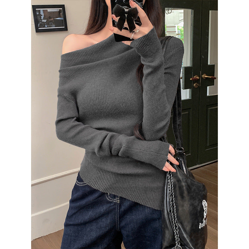 Sexy Off-the-Shoulder Long-Sleeve Knit Top For Women With A Slanted Neckline