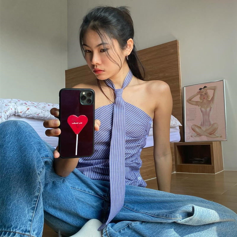 Irregular Striped Printed Tie Design Halter Vest