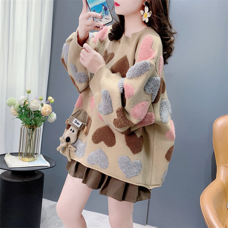 Gentle Younger Sweet Tridimensional Puppy Round Neck Sweater Women's Autumn And Winter New Loose Heart Knitted Top