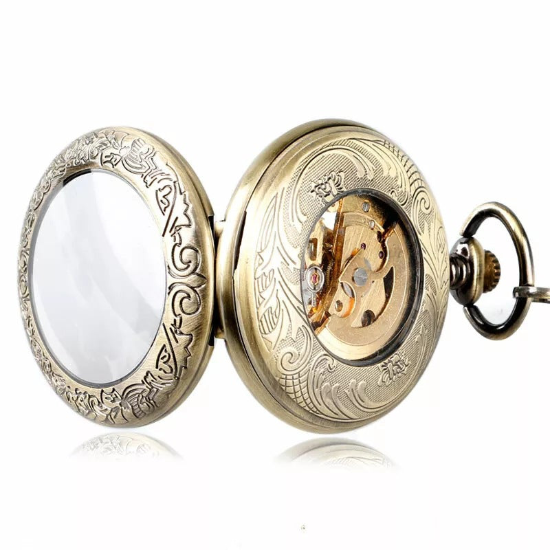 Flip-Open Retro Transparent-Lid Engraved Mechanical Pocket Watch