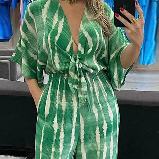 Personalized Print Lace Up V Neck Jumpsuit