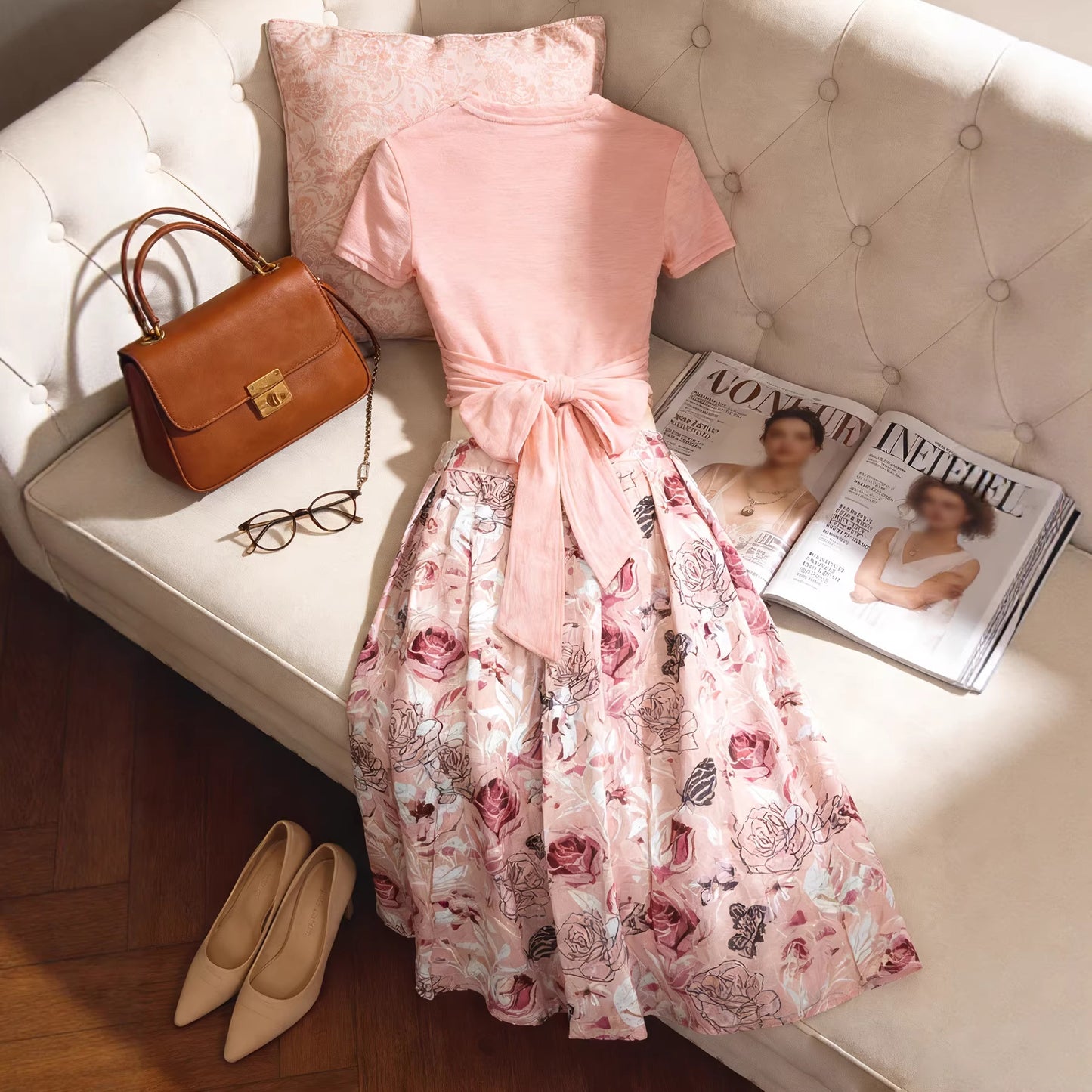 Women's Two-piece Dress, Solid Color Bow Slimming Top And Floral Print Skirt