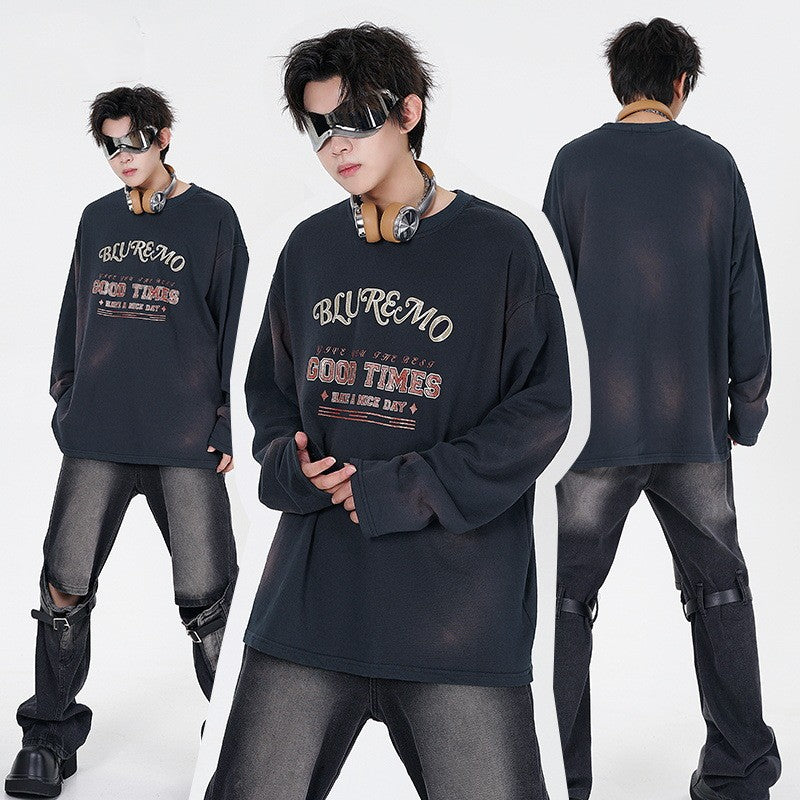 Mørk Vasket Guldtryk Rundhals Pullover Sweatshirt
