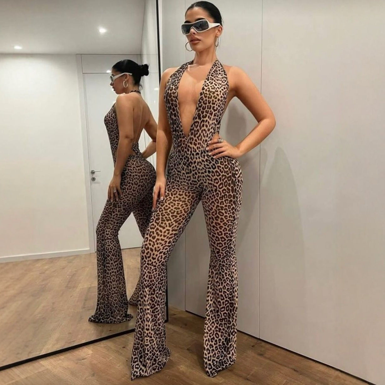 INS Leopardprint Kropsnær Sexet Rygløs Halterneck Dybt-V Top Med Flared Jumpsuit Bukser