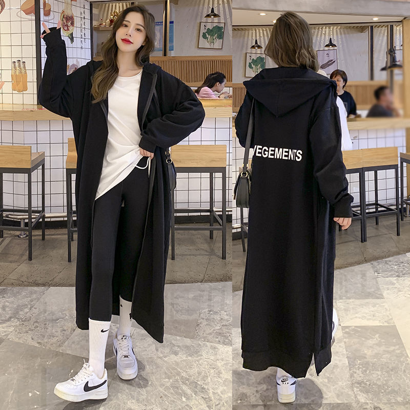 Løstsiddende plus-size pullover med hætte, fleecefor, tyknet, lang model, lynlås, cardigan-kjole i Hong Kong-stil