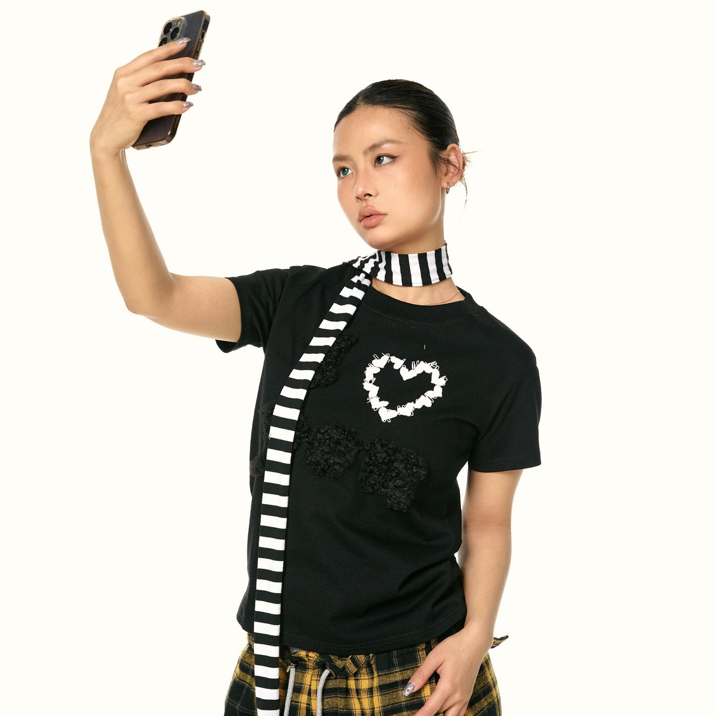 Plush Decoration Love Embroidered Short-sleeved Cotton Casual Shoulder Top