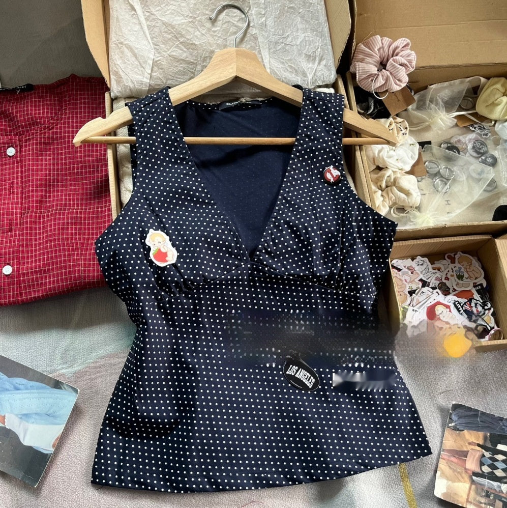 Navy Blue Polka Dot V-neck Tight Waist Outerwear Top