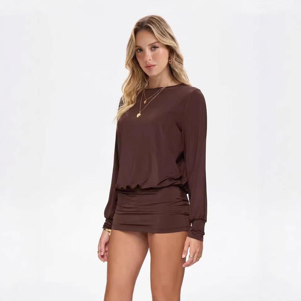 Long-sleeve Off-shoulder Round-neck Solid-color Dress