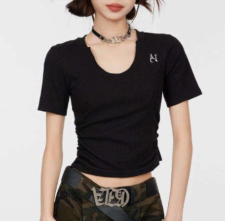 Black Shoulder Short Sleeve Girls Summer Tight Waist Design Sense
