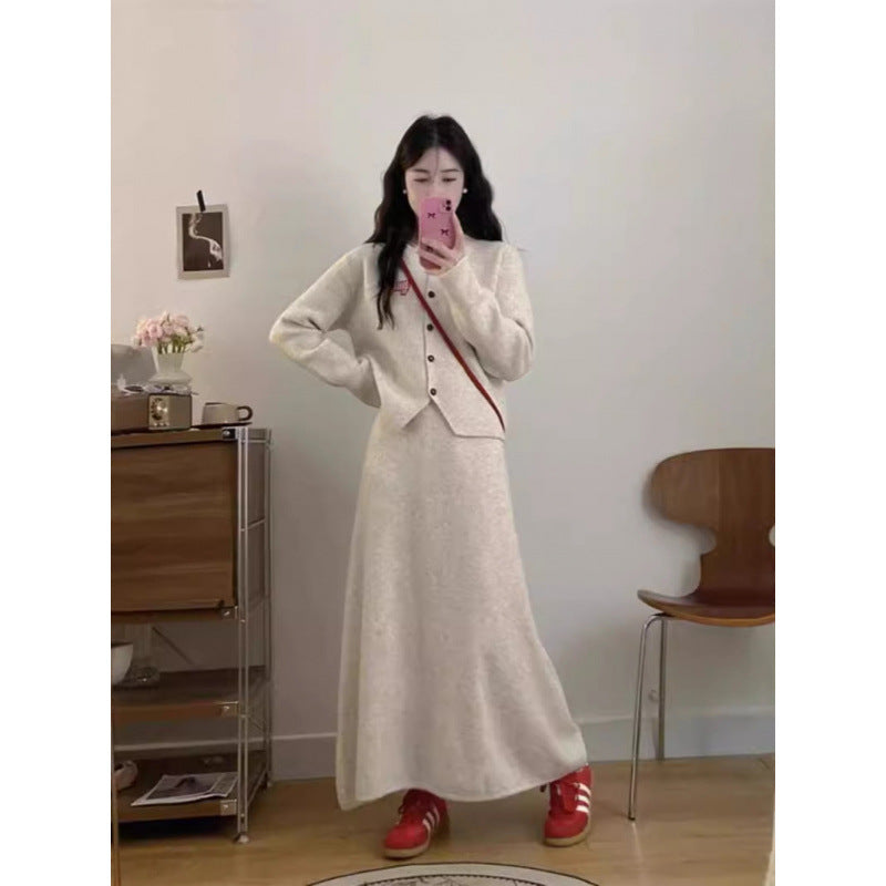 Spring Autumn New Stylish Commuter Slim Knit Cardigan And Long Skirt Two-Piece Set