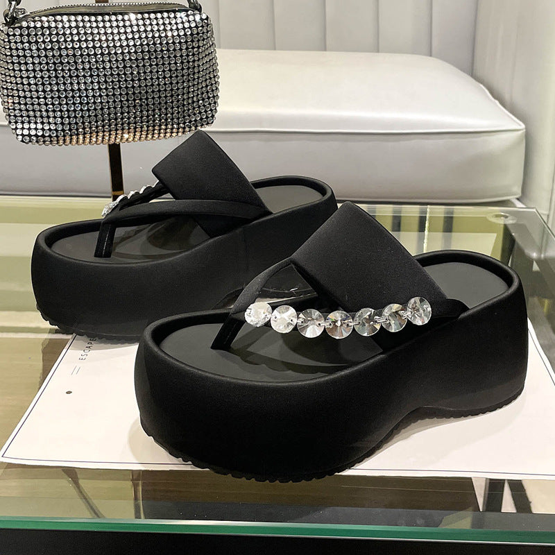 Women's Thick-soled Stylish Flip-flops Rhinestone Temperament Leisure Slippers