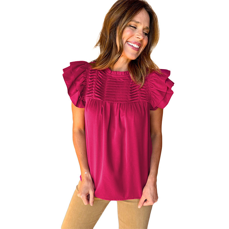 Fashion Pleated Stand Collar Pullover Leisure Pure Color Ruffles Three Quarter Sleeve