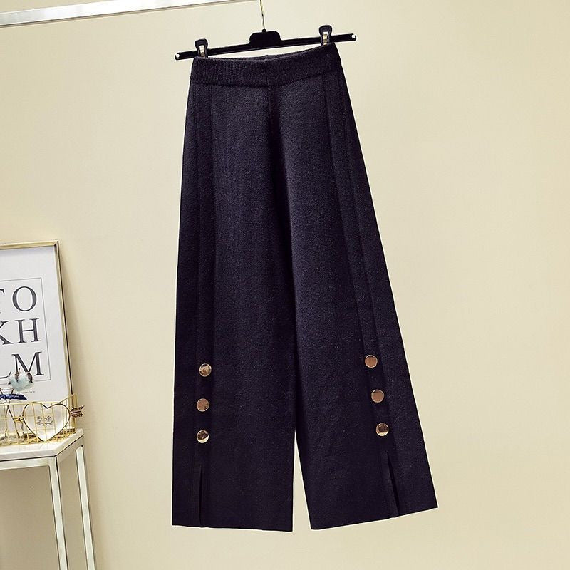 High Waist Design Sense Bootcut Pants Loose Slimming And Wide Leg Slit Knitted Women's Casual Trousers