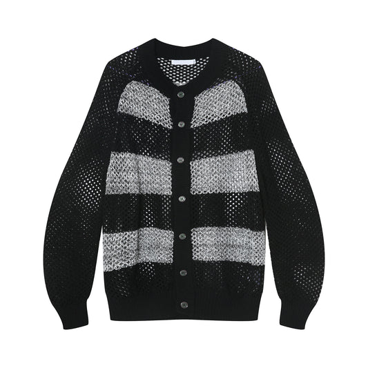Autumn New Korean Style Contrast Color Striped Hollow Knitted Sweater Coat Ins