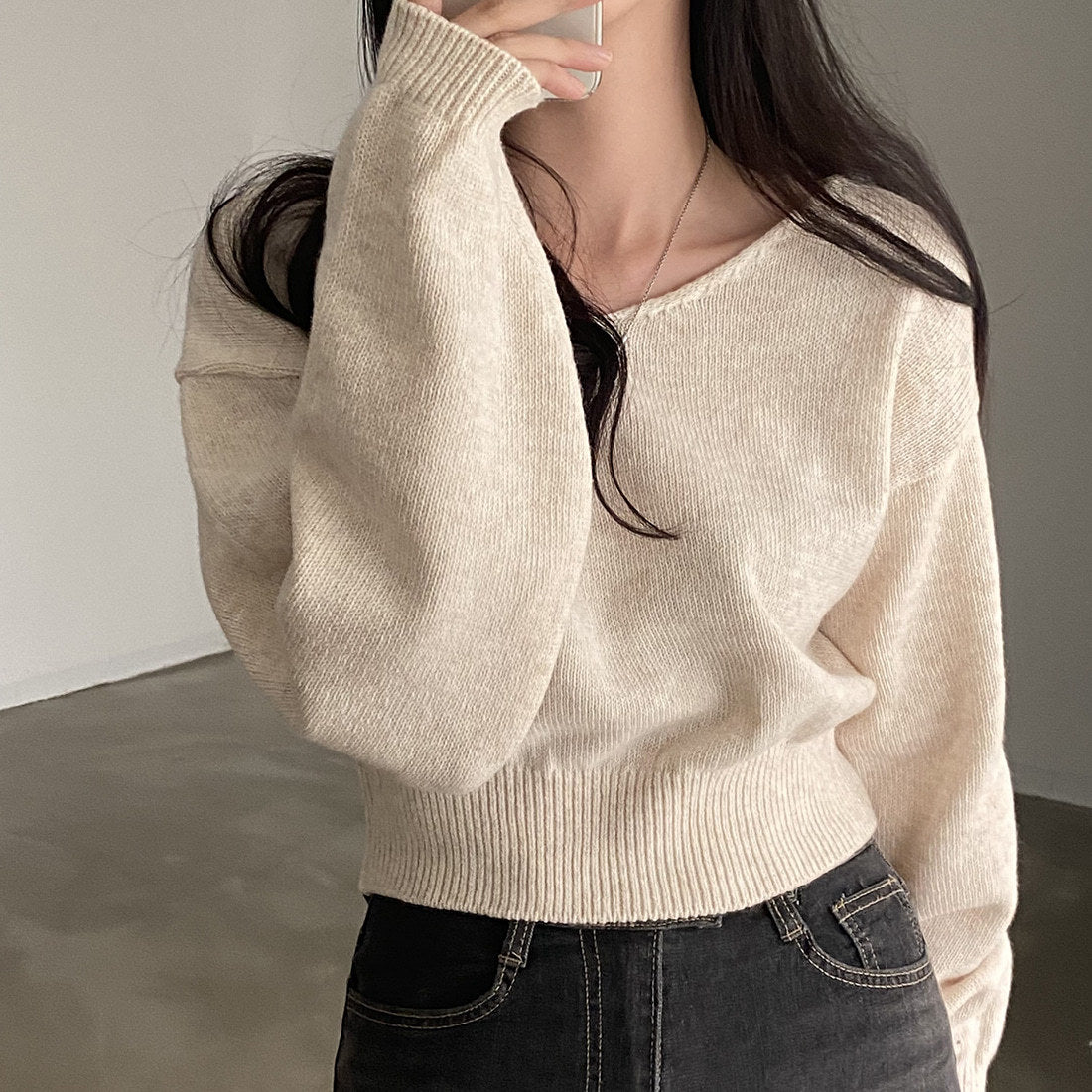 All-matching V-neck Pullover Sweater Long Sleeve Thermal Sweater