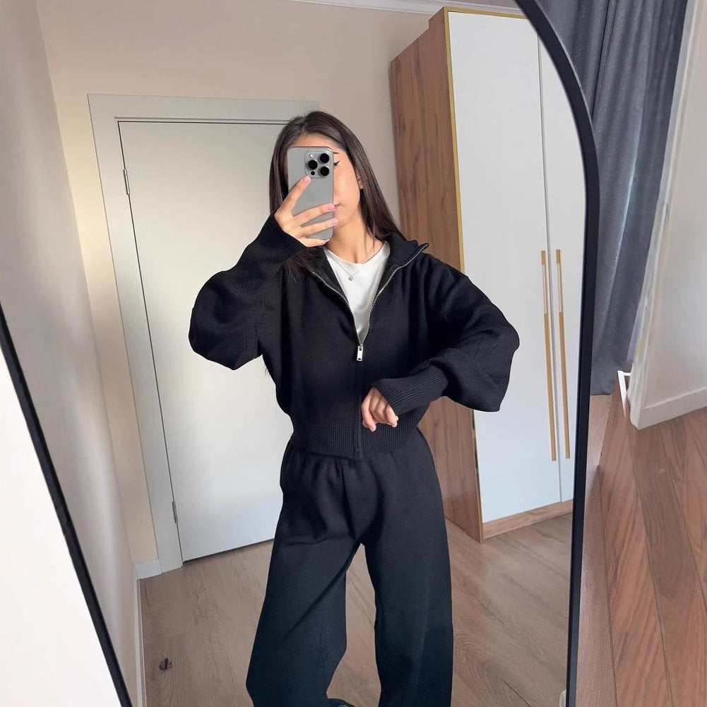 Solid-color Slim-fit Cropped Top And Slim-fit Knit Pants Two-piece Set