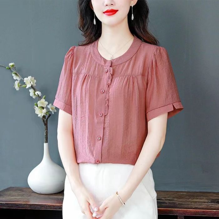 Spring And Summer Simplicity Temperament Crew Neck Cotton Linen Shirt Women