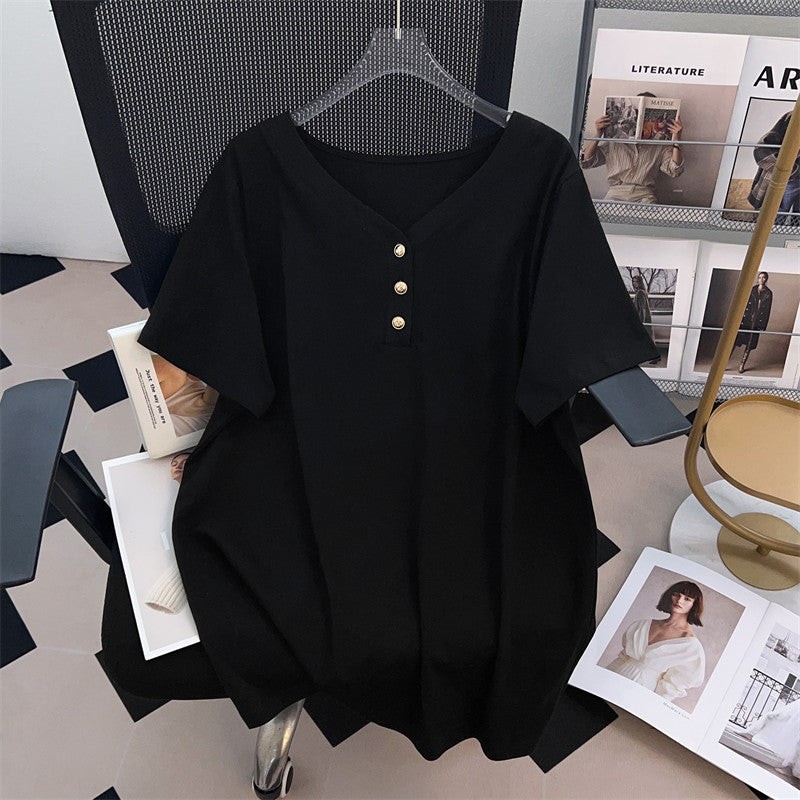 V-neck New Plus-sized Plus Size Slimming Loose Mid-length Short Sleeve