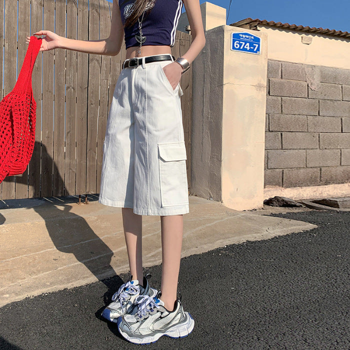 Fashion White High-waist Cropped Overalls For Women