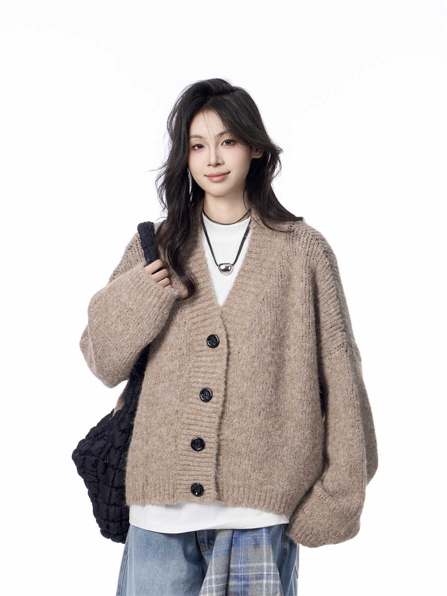 V-neck Knitted Cardigan Coat Women's Idle Style Loose Sweater