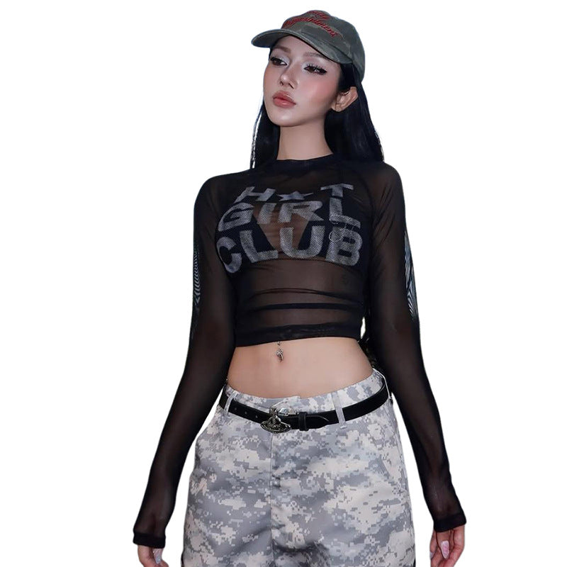 Ny Dame Mode Kort Top Med Rund Hals Blomsterprint Og Transparent Mesh Design