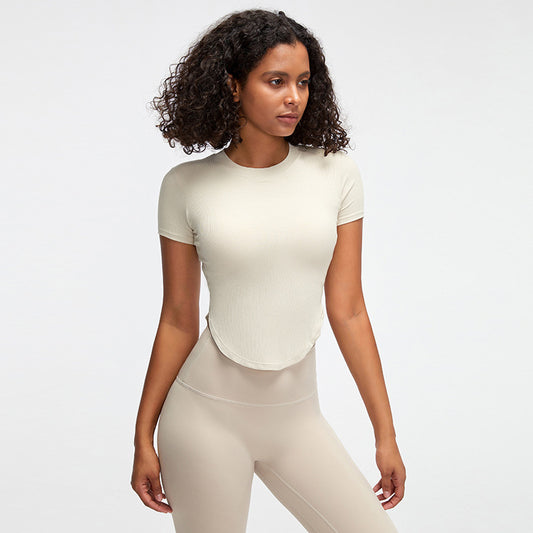 Rib Sports Short-sleeved Blouse With Chest Pad Workout Clothes Running T-shirt Beauty Back Tight