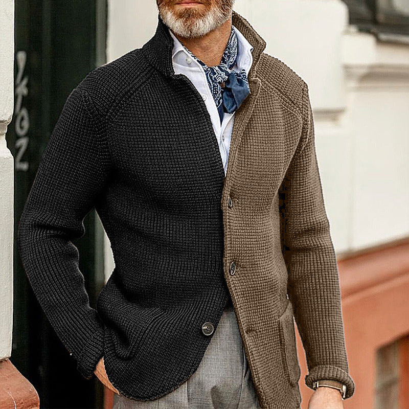 Color Blocked Slim Stand Collar Long Sleeve Knitted Coat