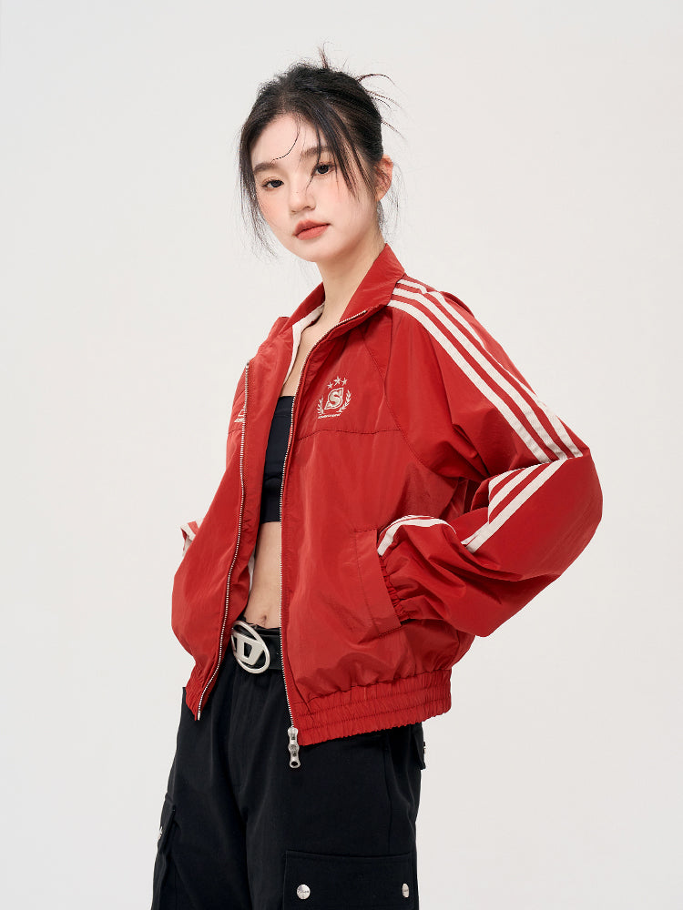 Women's Striped Sleeve Cardigan Hoodie Short Stand Collar Long Sleeve Coat