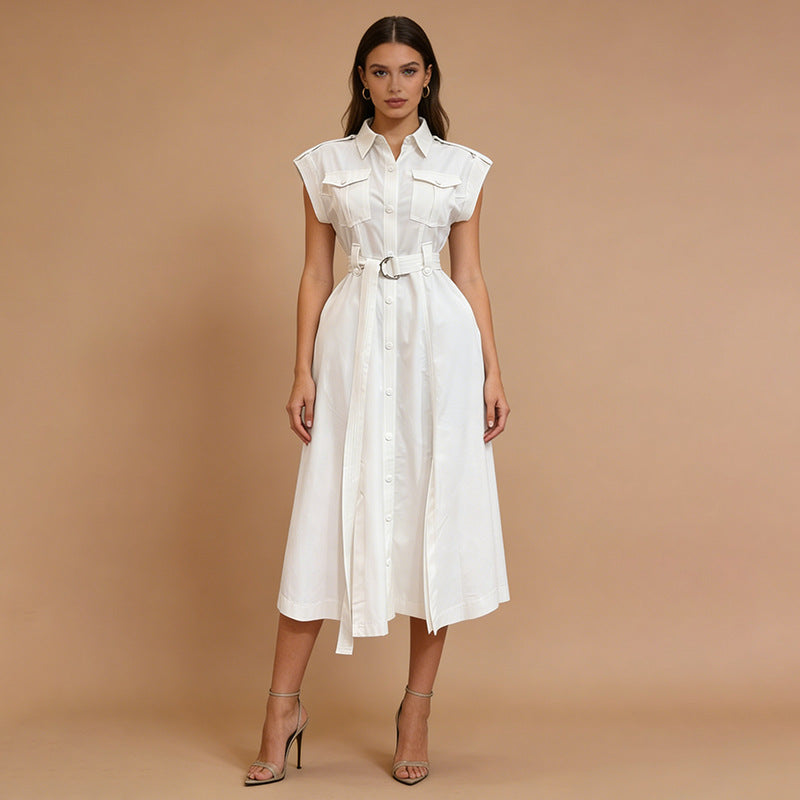 Fashionable Lapel Single-breasted Pocket-designed Sleeveless Maxi Dress