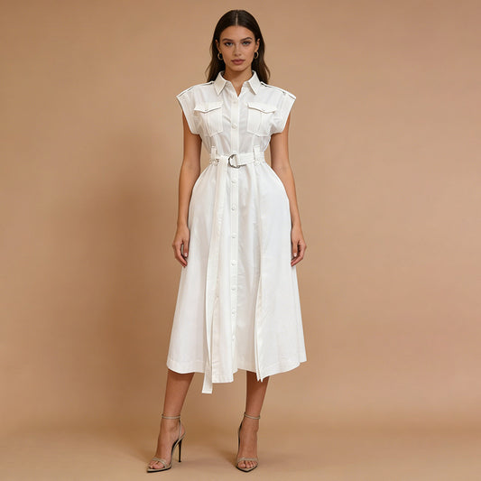 Fashionable Lapel Single-breasted Pocket-designed Sleeveless Maxi Dress