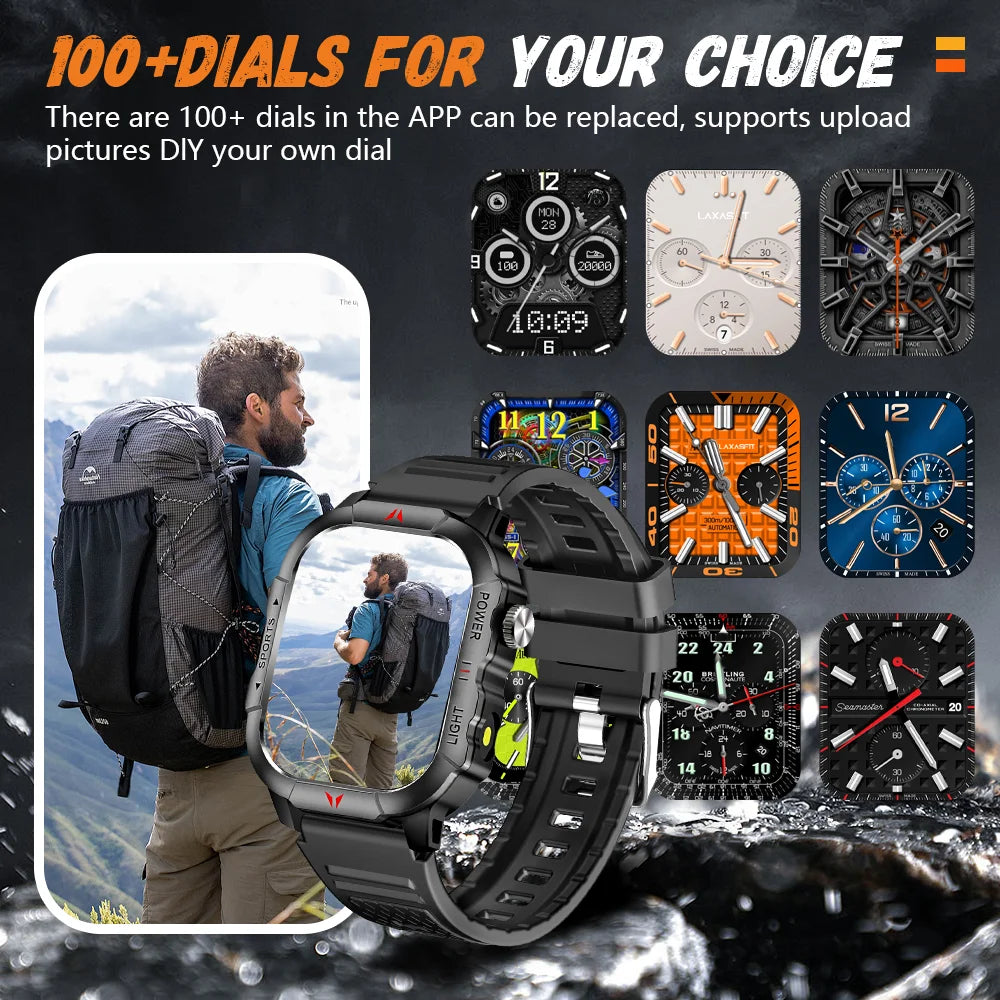 2025 New Men Smart Watch LED Flashlight BT Call 100+ Sports Modes Health Monitoring IP68 Waterproof Outdoor Smart Watch