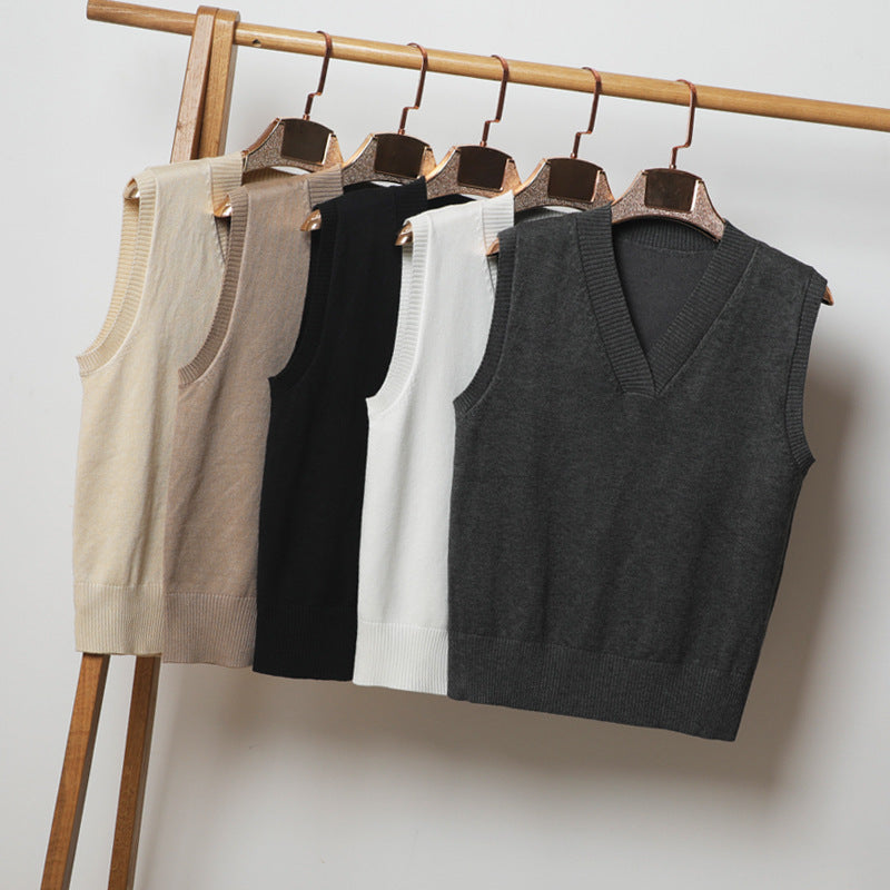 V-neck Sleeveless Sweater Vest Women's Black Top Outerwear Thin Knitwear