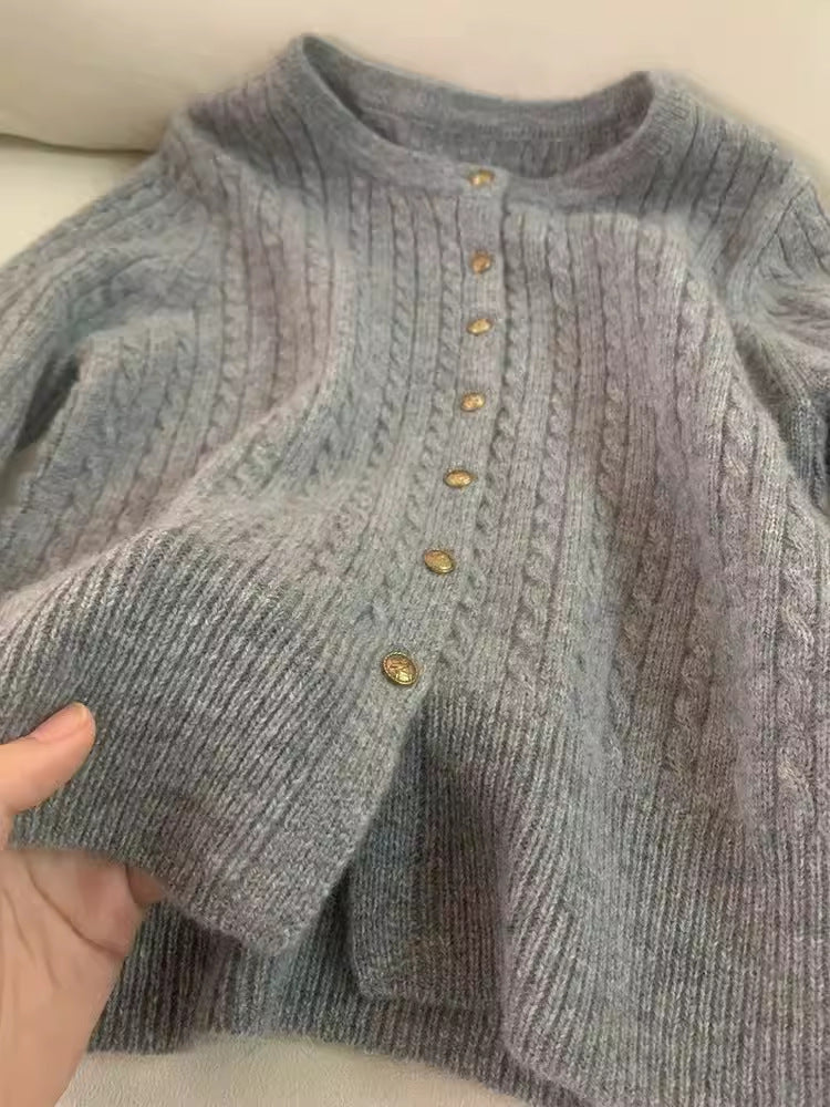 Gray Twist Small Golden Button Knitted Cardigan Wool