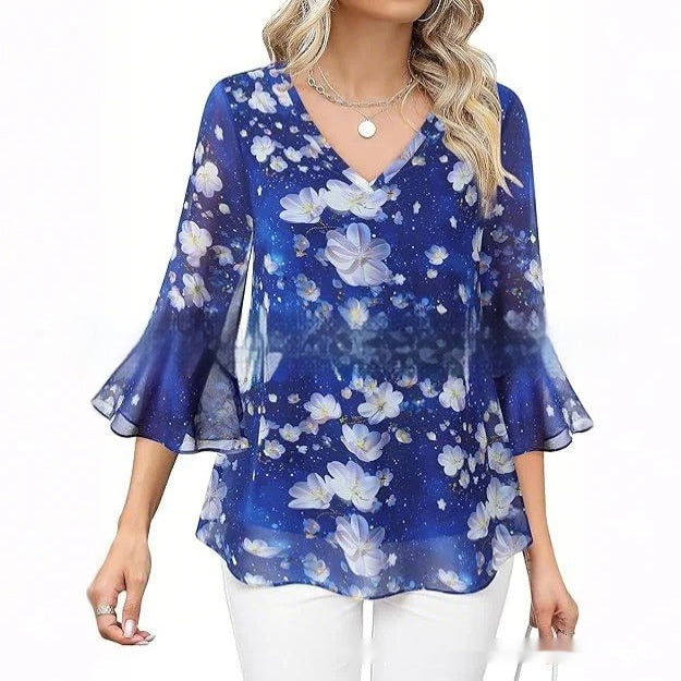 Women's Fashion Casual Top Pleated 34 Sleeve V