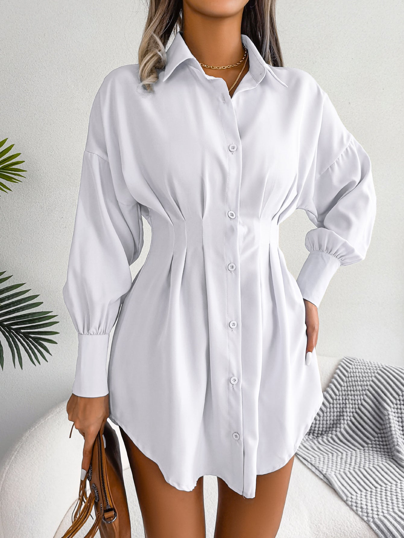 Women  Casual Lantern Sleeve Tie Waist Asymmetric Shirt Dress