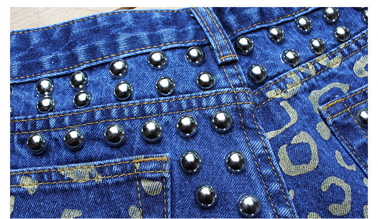 Hot Sale Ripped Loose High Waist Rivet Denim Shorts Printed Pants